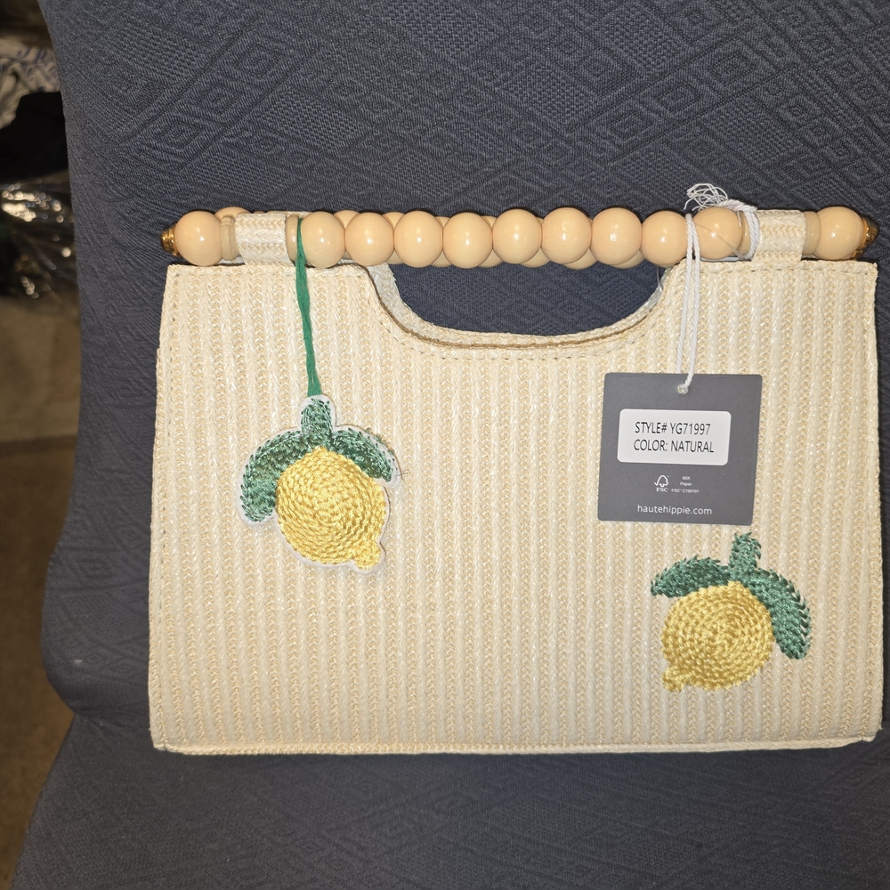 Natural Straw Tote Bag with Lemon Accents